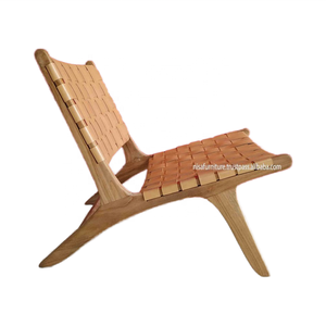 Silla de salón de madera de teca maciza de estilo moderno, silla de relajación de cuero genuino marrón tejida para Hotel, comedor, dormitorio, sala de estar - Product Image 2