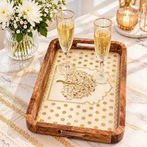 Plateau de service rectangulaire en bois avec poignées, motif nature morte moderne, ensemble multi-pièces, artisanat en bois pour la décoration de table et de mariage - Product Image 1