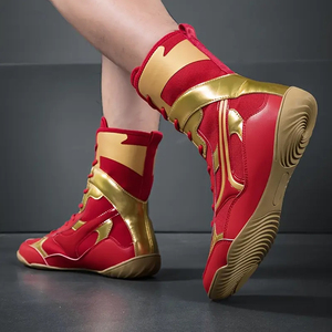 Red Gold High Top Boxing <b>Shoes</b> Lace-Up Breathable Leather Adults Martial Arts Training Kickboxing Gear - Product Image 3