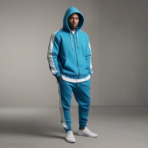Men's Blue Hooded Tracksuit Full Sleeve Zipper Sweatshirt And Pants <b>Set</b> Breathable Polyester Autumn Casual Wear - Product Image 1