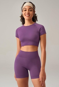 <b>Purple</b> Two Piece Yoga Set Crew Neck Crop <b>Top</b> <b>High</b> Waist Shorts Solid Color Breathable Seamless Stretchable - Product Image 2