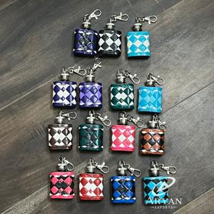 Latest Wholesale Portable Mini Hip Flask Keychain Genuine Leather Checkered Pattern Pocket Bottle with Clip Gift for Unisex - Product Image 1