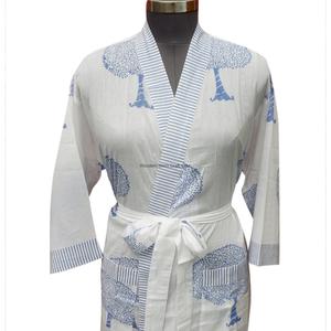 Women's Full-Length Cotton <b>Kimono</b> <b>Robe</b> V-Neck <b>Long</b> Sleeve Belt Blue Tree Print Soft Breathable Casual Wear Machine Washable - Product Image 2