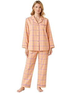 Ensemble de pyjama pour femmes à carreaux pêche et orange personnalisé, manches longues, boutonné, vêtements de nuit en coton doux, ensemble de vêtements de détente en deux pièces - Product Image 1