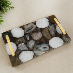 Rectangular Stone <b>Storage</b> Tray With Gold Handles Modern Design Living Room <b>Tabletop</b> Accessory - Product Image 4