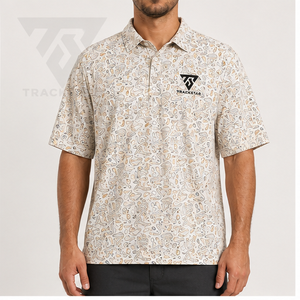 Camisa Polo Trackstar para Hombre, Color Crema Dorado, Estampado Paisley, Manga Corta, Cuello con Botones, Camisa Casual de Golf, Logotipo Personalizado - Product Image 1