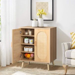 Mobiletto Portascarpe in Quercia e Rattan con Ripiani Regolabili e Doppia Anta per Soggiorno, Camera da Letto, Corridoio - Product Image 5