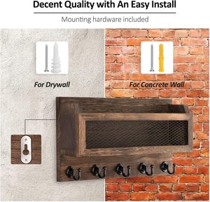Porta Llaves y Correo Decorativo para Pared, Organizador de Llaves de Madera de 11 Pulgadas con 5 Ganchos, Estante de Almacenamiento para Montar en la Pared, Color Marrón - Product Image 5