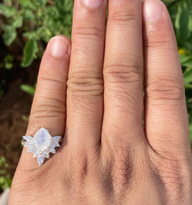 Pear Moonstone <b>Ring</b> Sterling Silver <b>CZ</b> Halo Teardrop Gemstone Statement Engagement Style Women Jewelry - Product Image 5