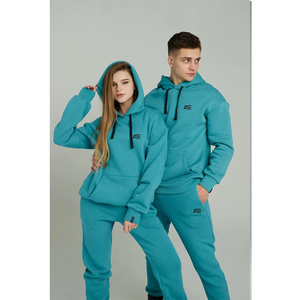 Private <b>Label</b> 100% Cotton Matching Men Women Turquoise Hooded Sweatsuit Set Fleece Jogger Tracksuit OEM Manufacturer - Product Image 1