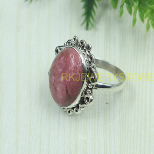 Natural Pink Rhodonite Gemstone <b>Ring</b> 925 Sterling Silver Handmade Vintage Oval Cabochon Gemstone <b>Boho</b> Statement Jewelry Gift him - Product Image 3
