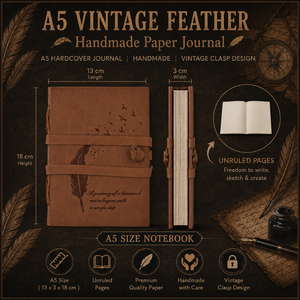 Journal artisanal vintage A5 avec plumes |   Carnet de notes écologique avec fermeture à cordon, couverture gravée rustique, journal cadeau A5 - Product Image 6