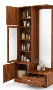 Modern Wood Wardrobe <b>Vanity</b> | Honey Finish Dresser with Mirror & Multi-Storage | Pindel Handicraft Export - Product Image 6