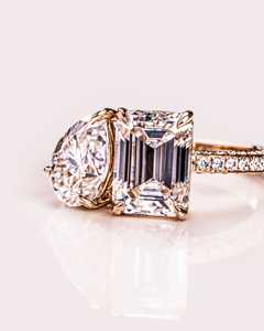 14K Gold <b>Two</b> <b>Stone</b> Lab Diamond <b>Ring</b> Toi Et Moi Design Emerald & Pear Cut Engagement <b>Ring</b> IGI Certified Pave Diamond Band <b>Ring</b> - Product Image 6