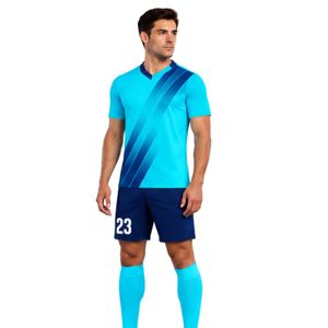 Men's Cyan Blue Number 23 <b>Soccer</b> Uniform Set Short <b>Sleeve</b> Jersey Navy Shorts and Matching <b>Socks</b> - Product Image 3