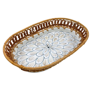 Bandeja de servicio de cerámica ovalada con patrón Floral azul hecha a mano, borde tejido de ratán ecológico para el hogar, cocina, comedor, fiesta decorativa - Product Image 4