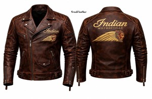 <b>Vintage</b> Indian <b>Motorcycle</b> Leather <b>Jacket</b> – Distressed Brown Cowhide Biker <b>Jacket</b>, Embroidered Racing Streetwear - Product Image 2