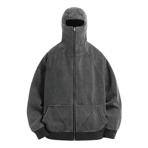 Sudadera con capucha vintage de punto para invierno, con hombros caídos, personalizada para hombre, con cremallera de cuarto tipo ninja, lavado ácido y orificios para los ojos, al por mayor - Product Image 5