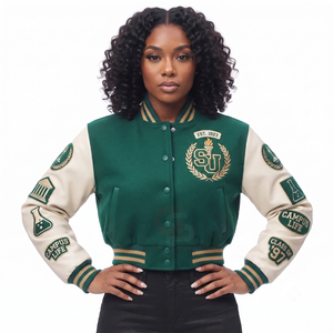 New Arrivals <b>crop</b> Varsity <b>Jacket</b> Baseball embroidery logo Wool body Leather Sleeves Bomber Street wear womens <b>lady</b> <b>crop</b> <b>jackets</b> - Product Image 4