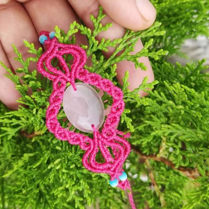 Pulsera de Macramé Hecha a Mano con Cuarzo Rosa, Cordón Rosa, Piedra Preciosa Natural, Cuentas Azules, Estilo Boho, Cristal Curativo, Joyería Ajustable - Product Image 1