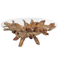 Кофейный столик Kurnia Java Artisan из корней тика, роскошная органическая мебель для дома, скульптурное основание ручной работы, массив тикового дерева, стеклянная столешница