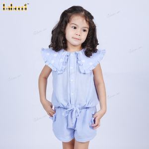 Blue ODM Wholesale Girls Clothing Sets Casual Smocked with Character Pattern Hand Embroidered Floral Collar 100% Cotton-DR4079 - Product Image 1