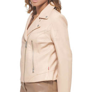 Veste moto en cuir PU beige pour femme, manches longues, fermeture éclair, col montant, couleur unie, vêtement d'automne - Product Image 3