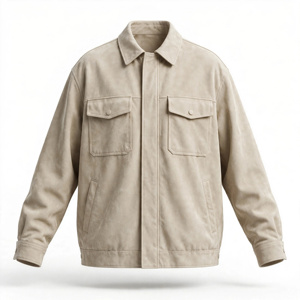 <b>Men's</b> Beige <b>Suede</b> Shirt <b>Jacket</b> Turn-down Collar Workwear Style Regular Fit Autumn Solid Color Button Closure - Product Image 1