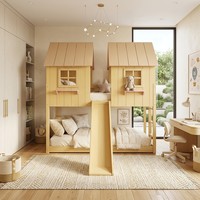 Lit superposé moderne pour enfants, design maison, en bois massif, taille double, avec toboggan, style scandinave, écologique, convertible, fabriqué au Vietnam, P.D.T.