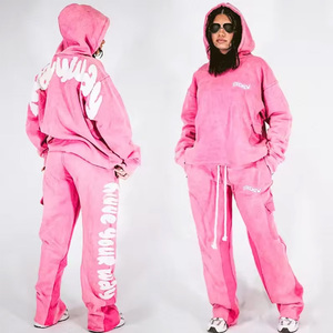 <b>Pink</b> Hooded <b>Tracksuit</b> <b>Set</b> Women Casual Full Sleeve Sweatshirt and Pants with Side Pockets Drawstring Autumn Wear Letter Print - Product Image 1