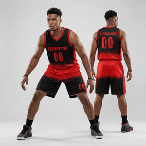 Ensemble de maillots de basket-ball pour hommes, rouge et noir, sublimé, col en V, sans manches, uniformes en polyester à séchage rapide, coupe athlétique - Product Image 1