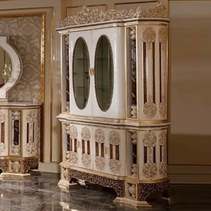 Ensemble de table à manger en bois d'acajou de style classique européen élégant, meubles de salle à manger de luxe sculptés à la main en or ivoire avec buffet - Product Image 5