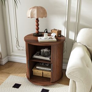 Comodino Moderno Stile Mid-Century con 2 Ripiani, Tavolino Cilindrico con Stazione di Ricarica Integrata, Porta Scorrevole USB per Appartamenti - Product Image 1