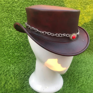 Sombrero de copa Steampunk de cuero genuino hecho a mano de primera calidad con banda de cadena gótica para disfraz victoriano occidental - Product Image 2