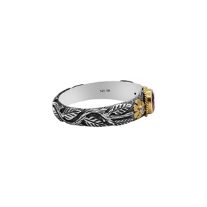 Anillo Floral de Plata de Ley 925 Oxidada de Dos Tonos con Oro de 18k y Rubí Natural Redondo, Joyas Memoria, Venta al por Mayor - Product Image 2