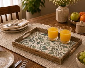 Bandeja Decorativa Moderna con Hojas Verdes y Marco de Madera, Plato Multifuncional para Servir, Decoración para Sala de Estar y Hogar - Product Image 5
