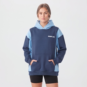 2026 Latest OEM Casual <b>Women</b> <b>Navy</b> Blue Color Block <b>Hoodie</b> Long Sleeve Cotton Pullover Sweatshirt with Pocket - Product Image 5