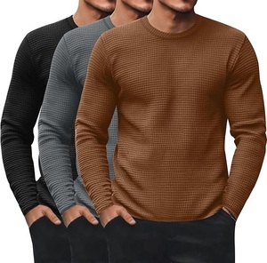 Camiseta térmica de manga larga con cuello redondo para hombre, tejido waffle, color sólido, ajuste casual, transpirable, de algodón. - Product Image 1