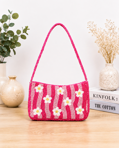 For Beaded Floral Tote <b>Bag</b> Handmade Shoulder Crossbody Purse Zipper Closure Portable Custom Color Options All Seasons for Daily - Product Image 1