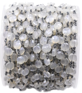 Gray Chalcedony Coin-Shaped Faceted 925 Sterling <b>Silver</b> Black Oxidized Plating Rosary <b>Wire</b> Wrap Chain Jewelry Making - Product Image 3