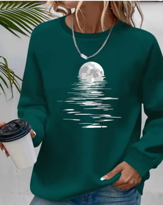 Sweat-shirt vert à col rond pour femme, manches longues, imprimé réflexion de lune, décontracté, tricoté, écologique, floral, 100 % fibre de bambou, automne - Product Image 1