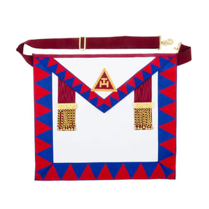 Embroidered Luxury Masonic Apron with Red Blue Geometric Pattern <b>Gold</b> Trim Customized Printing Safety Pin for Men - Product Image 1