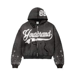 Men's Custom Rhinestone Embroidery <b>Zip</b>-<b>Up</b> <b>Hoodie</b> Streetwear Distressed Acid Wash Vintage Faded Boxy Fit 100% Cotton <b>Hoodie</b> - Product Image 3
