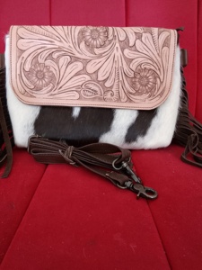 Western Cowhide Hair Unisex Sling Bag Hand Tooled Floral <b>Solitaire</b> Design 20-36L Waterproof Anti-Theft Ready to ship - Product Image 3