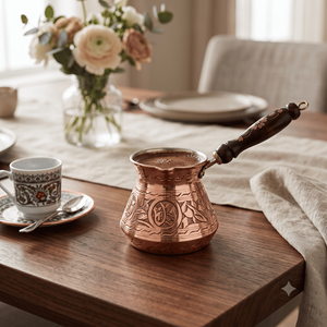 Cafetera Turca de Cobre Repujado con Medallón Floral, Cezve, Ibrik Árabe, Briki Griega, Calentador de Leche para Estufa con Mango de Madera, OEM - Product Image 4