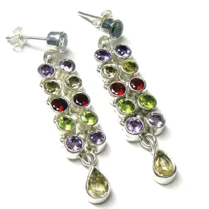 Pendientes Colgantes de Plata de Ley 925 con Piedras Preciosas Multicolores, Amatista, Granate, Peridoto, Citrino, Joyería Hecha a Mano, Venta al por Mayor - Product Image 1