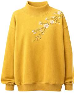 เสื้อสเวตเชิ้ตคอเต่าสีเหลืองมัสตาร์ดสำหรับผู้หญิง ปักลายดอกไม้ แขนยาว สวมใส่สบายในฤดูหนาว ผ้าคอตตอนผสมเนื้อนุ่ม เสื้อผู้หญิง - Product Image 1