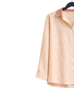 Conjunto de pijama de lino y algodón para mujer Peach, camisa con botones y bolsillo bordado y pantalones con cordón, conjunto de ropa de dormir informal para estar en casa - Product Image 3