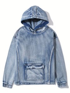 Sweat à capuche pour homme avec grande poche |   Pull-over décontracté bleu à manches régulières avec poignets élastiques, style streetwear sportif et confortable, service OEM - Product Image 2