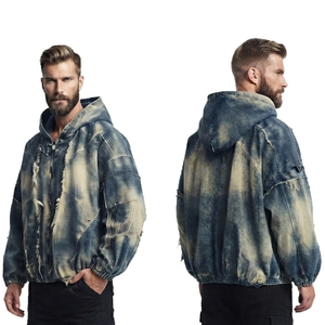 Blouson à capuche en jean délavé pour homme, coupe ample, style streetwear, effet usé et décoloré par le soleil, avec fermeture éclair - Product Image 4